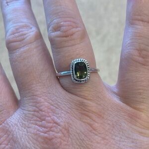 Moldavite Ring size 7, single rough cut organic stone with silver metal